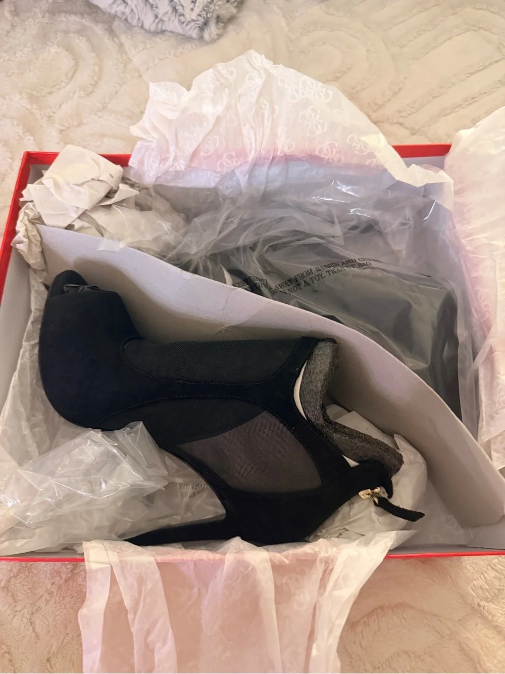 Guess Black Peep-Toe Mesh Stiletto Ankle Bootie
